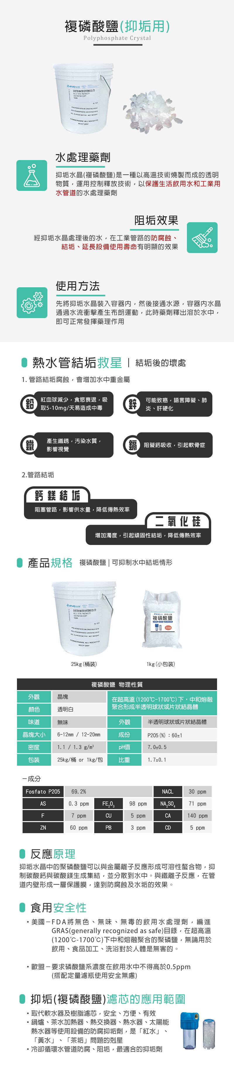 ATLAS複磷酸鹽(抑垢用)，取代樹脂濾芯及軟水器，使用週期長達半年